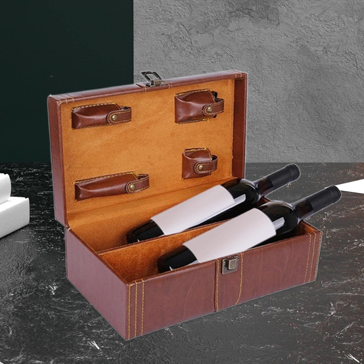 Wine Gift Box PU Leather with Wine Set Vintage Top Handle Handmade Wine Transport Case for Father's Day Occassions Celebrations Events, Double Slot