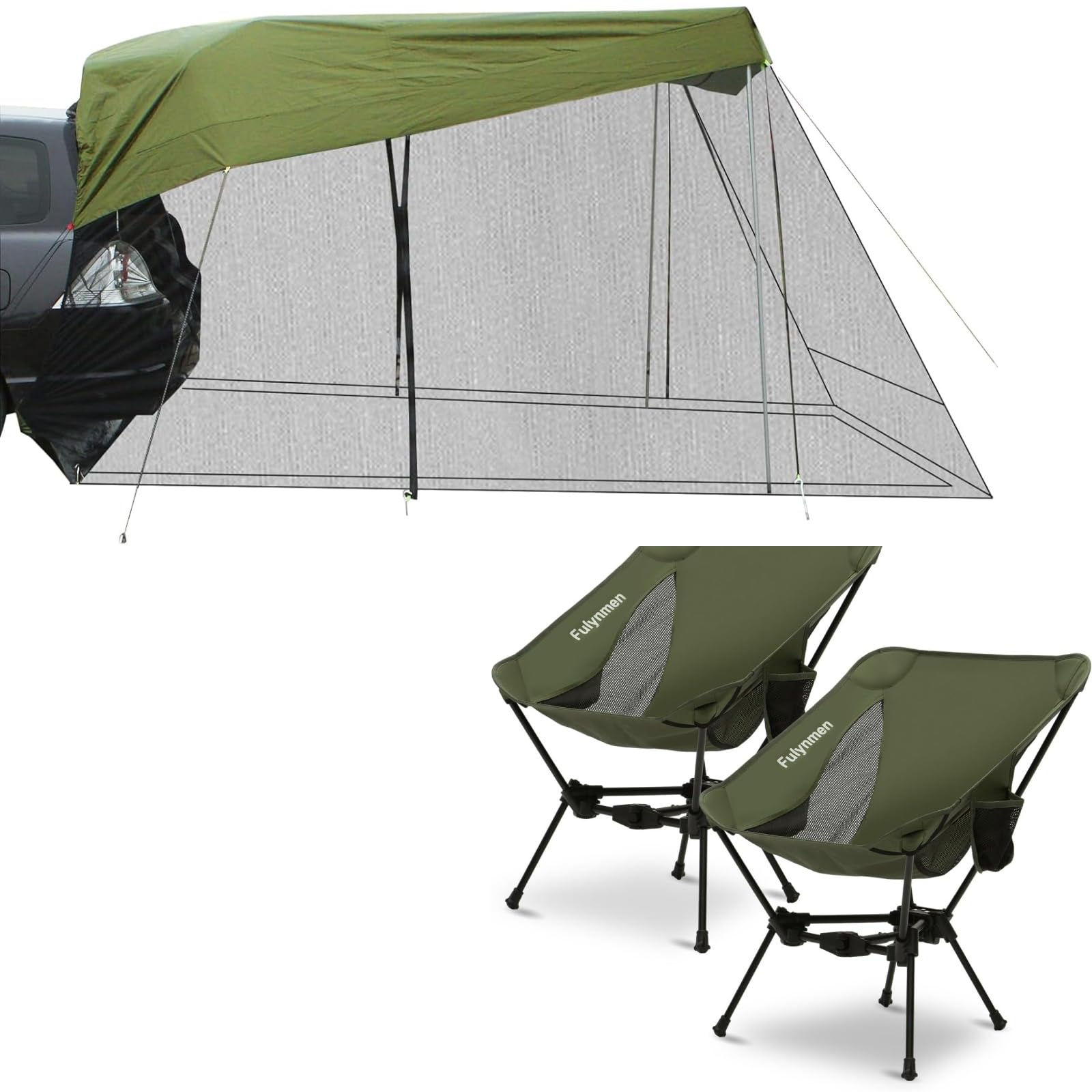 FulynmenSUV Tailgate Tent and 2 Pack Lightweight Compact Camping Chairs Green