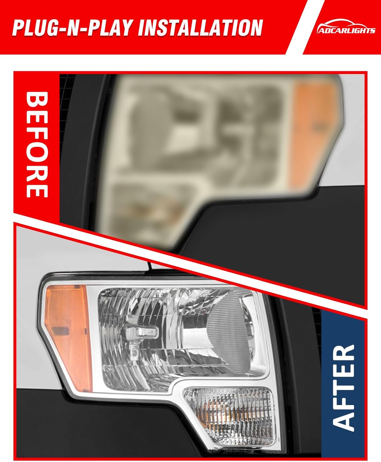 Headlight Assembly for 2009 2010 2011 2012 2013 2014 Ford F150 Pickup Headlamp Left and Right Sides Chrome housing(Bulb Not Included)（W/O Bulbs）