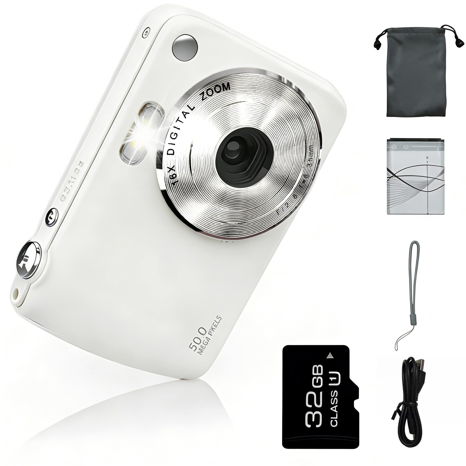 Digital Camera for 50MP FHD 1080P, Digital Point and Shoot Camera with 16X Zoom Anti Shake, Indoor&Outdoor Travel Compact Small Camera Gift for Boys Girls Kids Camera with 32GB Card (White) — image 1