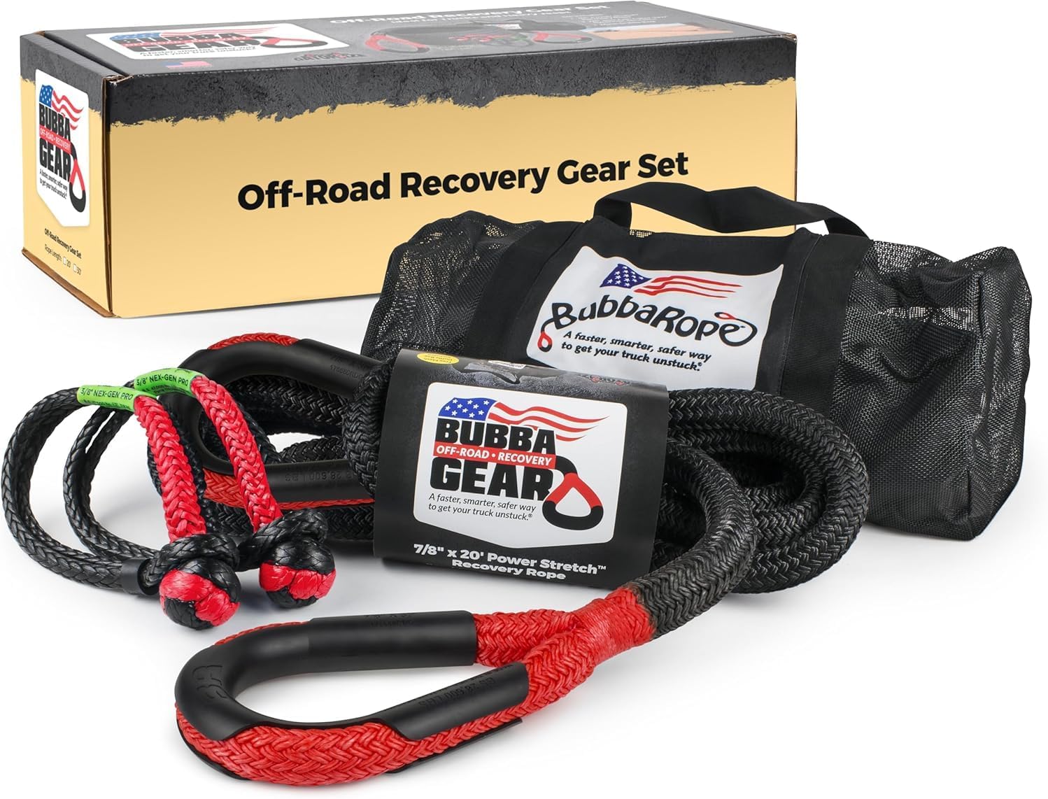 Bubba Rope Off-Road Truck Recovery Gear Set – Heavy-Duty Vehicle Tow Kit: Power Stretch Recovery Rope, 7/8” x 30’ - NexGen PRO Gator-Jaw Synthetic Shackles, 3/8” x 6.5” - Red