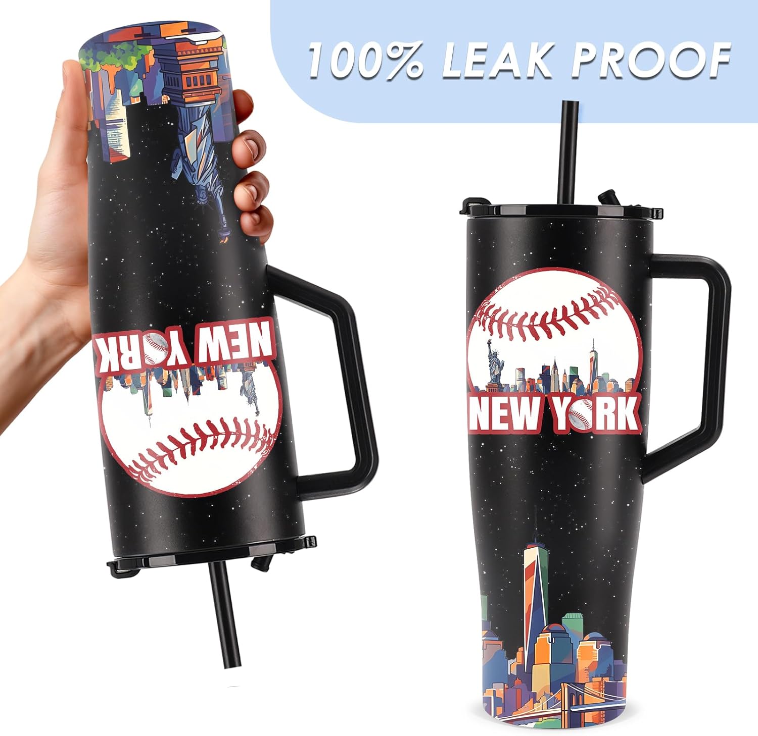 New York Baseball Tumbler 40oz with Handle and Straws, Leak-proof, Stainless Steel Insulated Travel Coffee Mugs, Baseball Cups Gifts For Baseball Fans Male Birthday Christmas (1pc) - Image 7