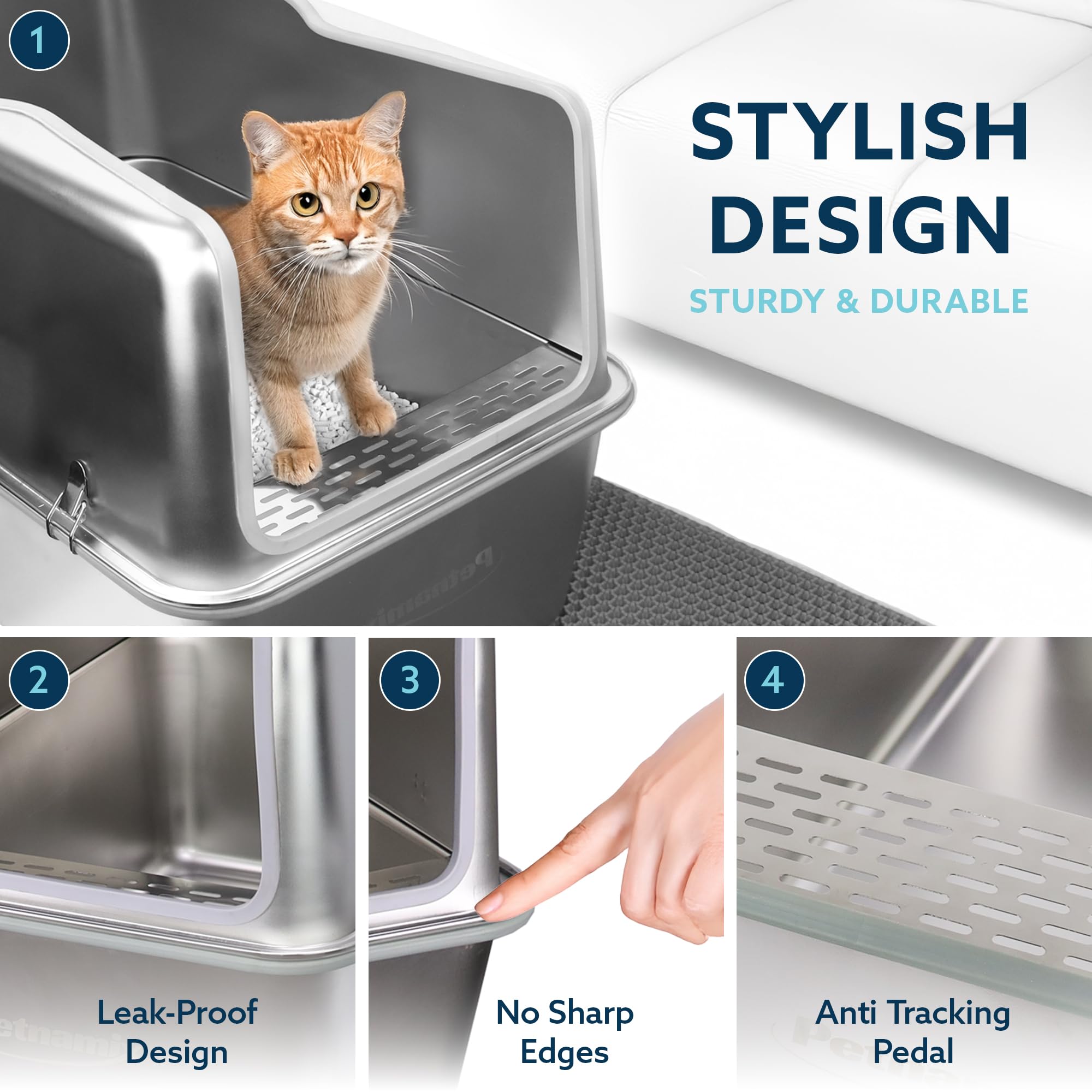 XXL Stainless Steel Litter Box with Lid 30L Capacity 16" Inch High Sides, Leak Proof Anti Tracking Pedal Non Stick Easy Clean Splash Proof Removable Top for Large and Multi Cats Includes Scoop & Mat
