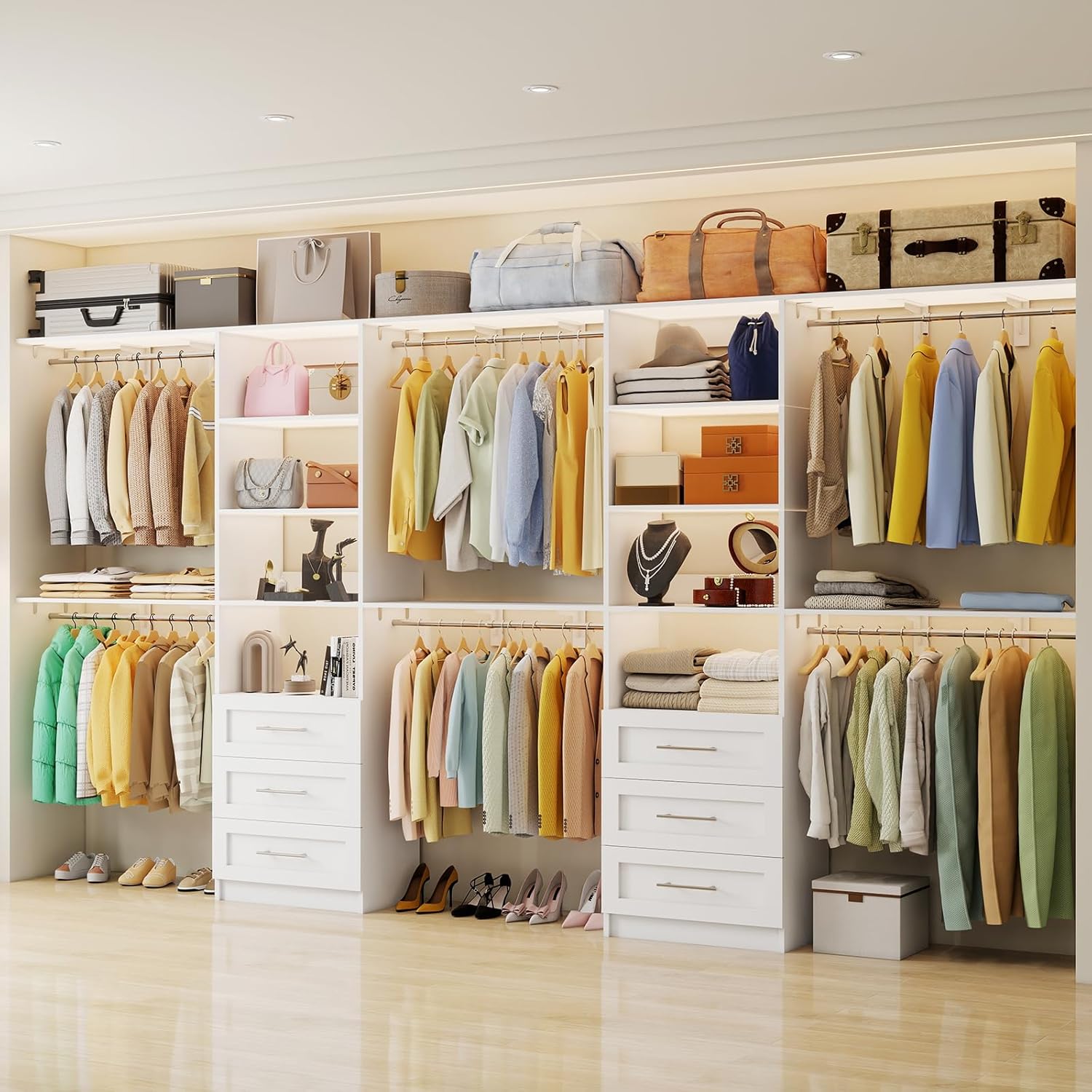 Closet System with Drawers, 8FT-12FT Closet Organizer System 96" -154.5" Walk in Wood Closet Storage System with Shelves Hanging Rods Corner Wall Mount, 2 Set