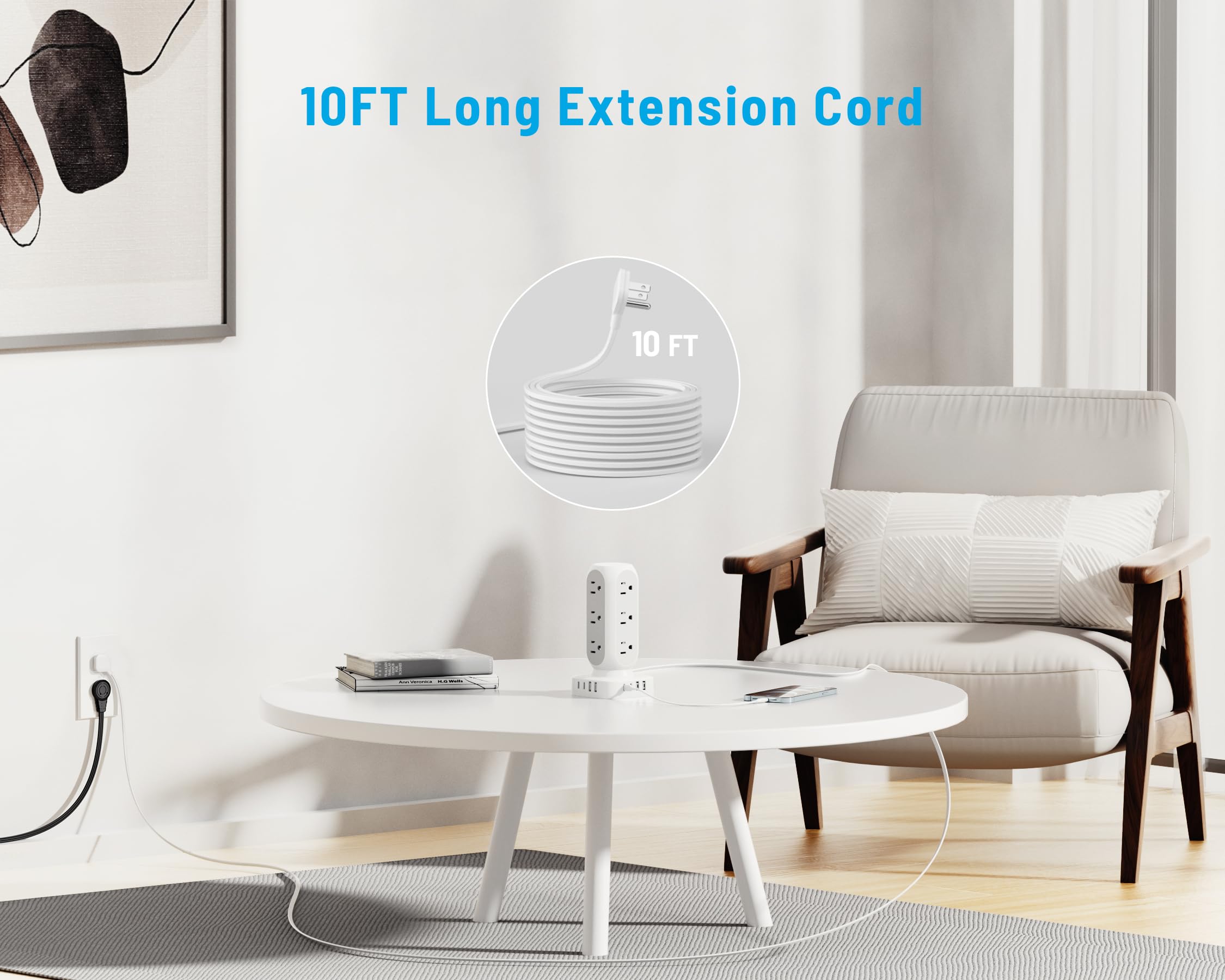 Tira de alimentación con protector de sobretensiones de torre, cable de extensión de 10 pies con múltiples tomas, extensor de enchufe plano con 12 salidas de CA y 8 puertos USB, estación de carga