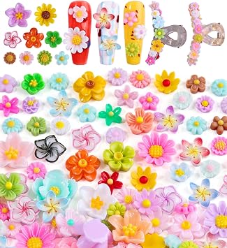 200PCS 3D Floral Nail Charms, Spring Summer Fall Flower Nail Art Decorations with Lily Cherry Blossom Sunflower Daisy for Acrylic Nails and DIY Craft Supplies