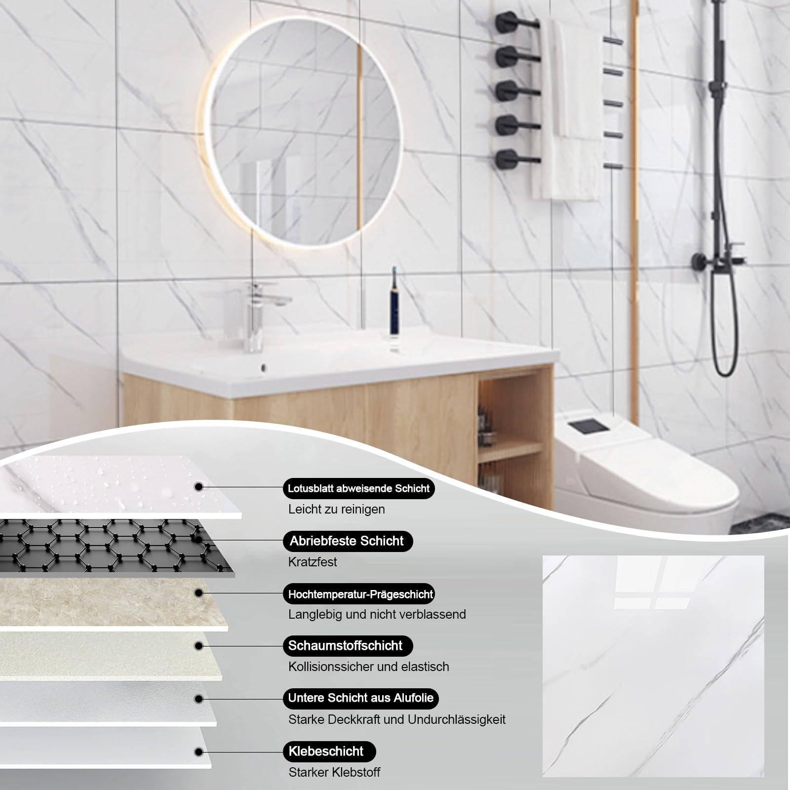 22 adhesivos para azulejos, diseño marmoleado, 30 x 30 cm, resistentes al agua, para cocina, papel pintado, para baño (blanco)