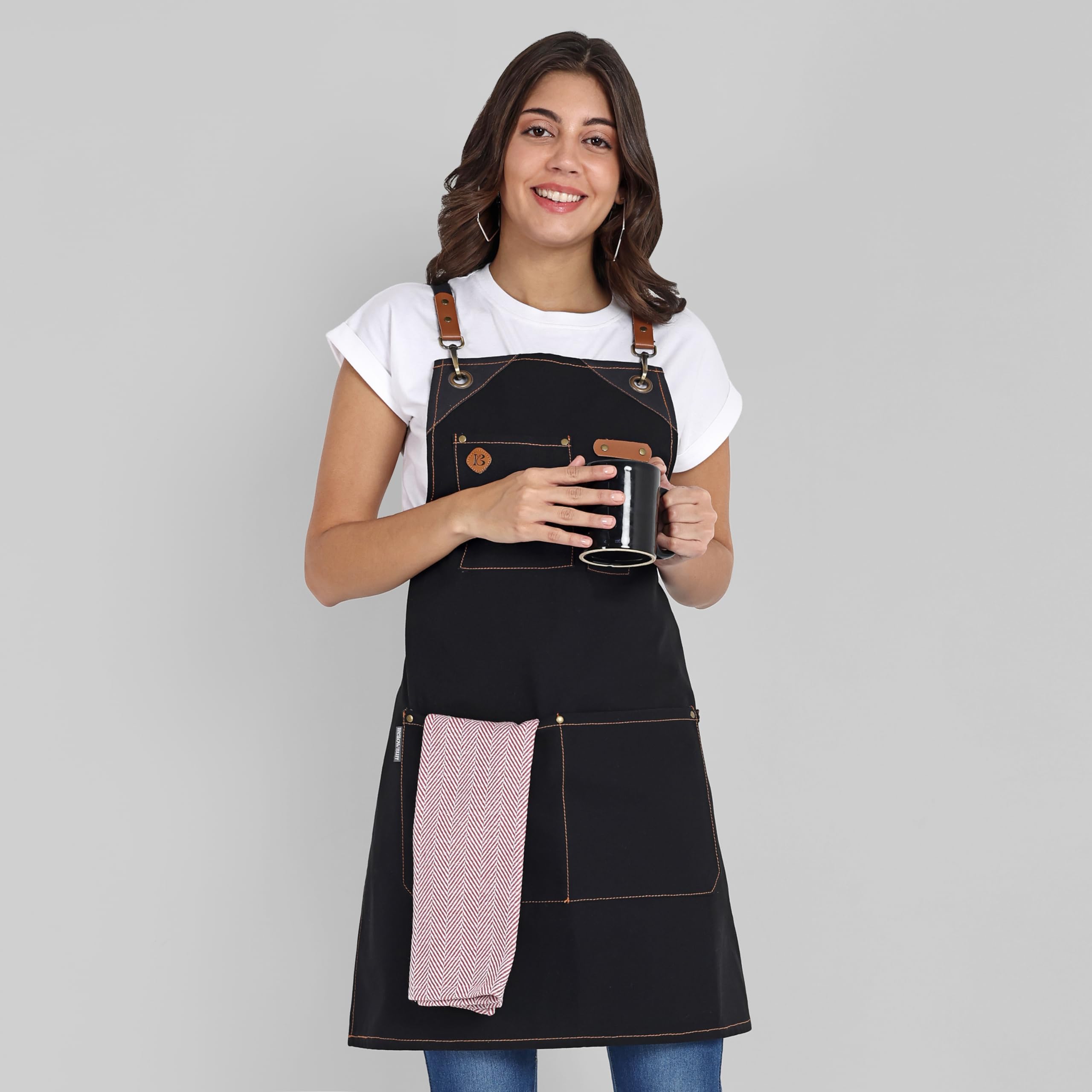 Delantal de cocina de algodón reciclado con cuello ajustable con lazos largos, para cocinar, hornear