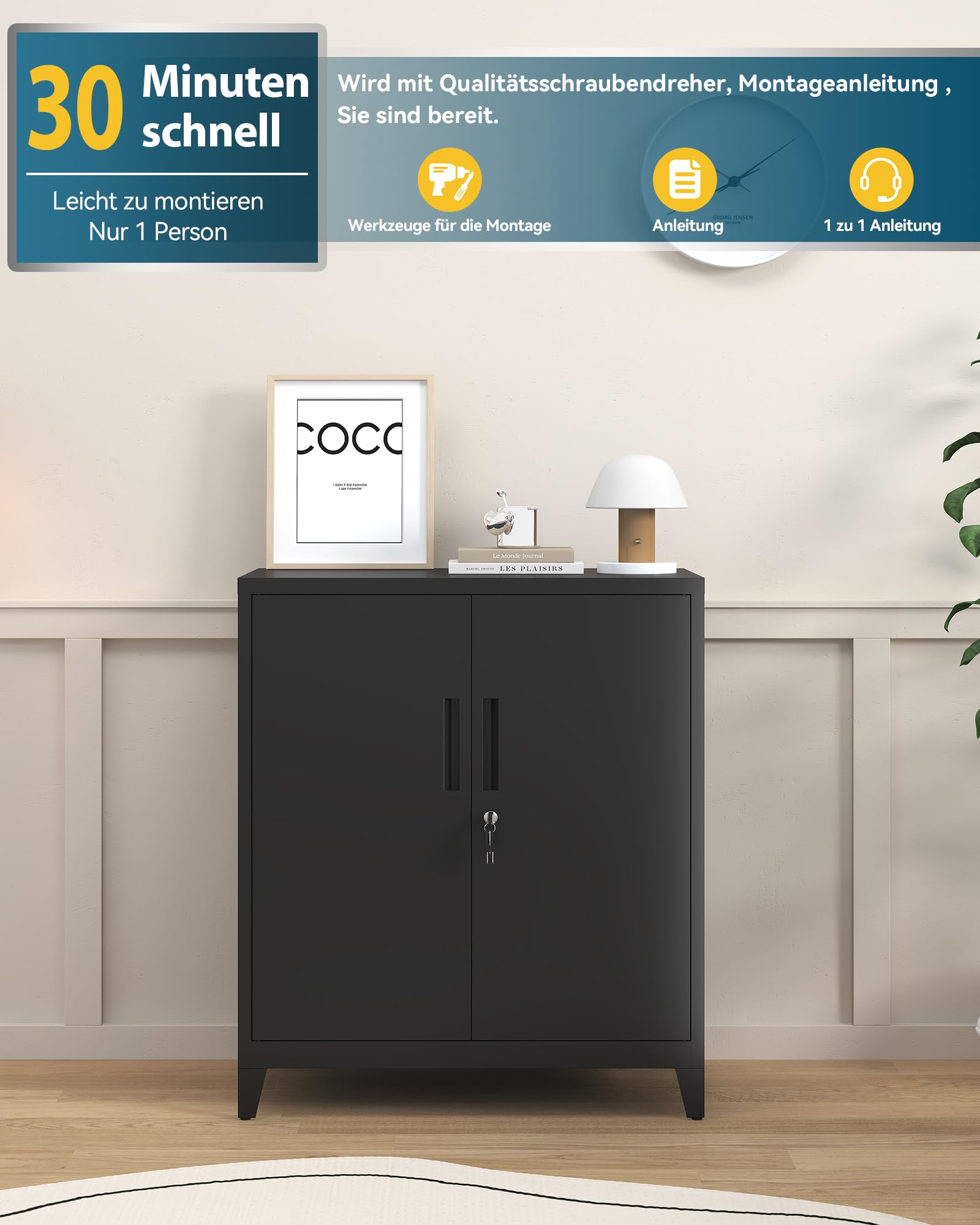 Aktenschrank, abschließbarer Garagenschrank, 2 Ebenen Büroschrank, Werkstattschrank mit verstellbaren Regalen, für Büro, Garage und Hauswirtschaftsraum, 40 x 80 x 100 cm, Schwarz