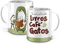 Caneca de Cerâmica Livros, Café e Gatos, Design Gatinho Leitor, Branca e Verde, 325ml (1, Branca)