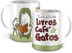 Caneca de Cerâmica Livros, Café e Gatos, Design Gatinho Leitor, Branca e Verde, 325ml (1, Branca)
