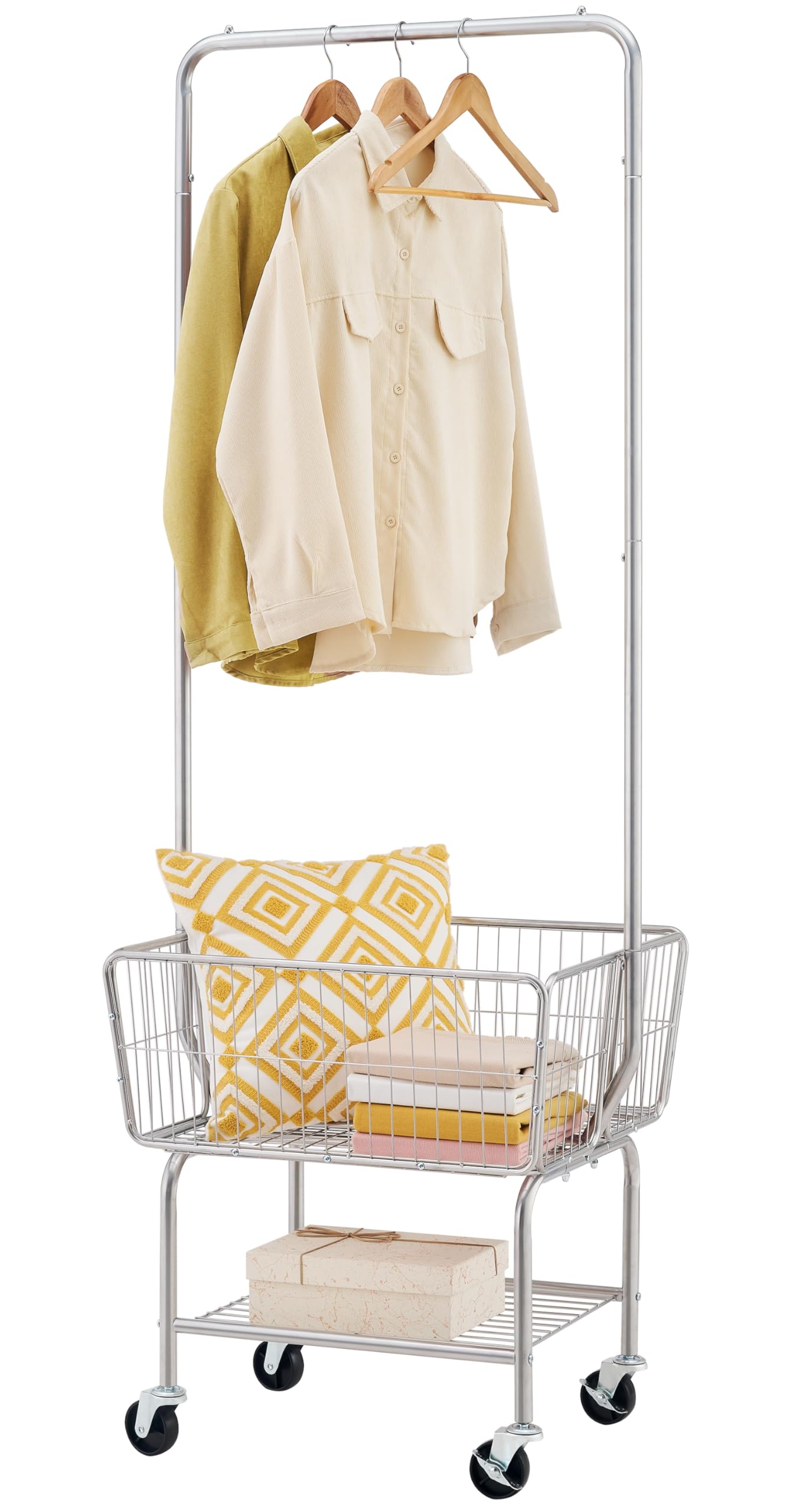 Tajsoon Laundry Cart with Hanging Rack, Metal Rolling Laundry Cart with Wheels and Storage Basket, Silver