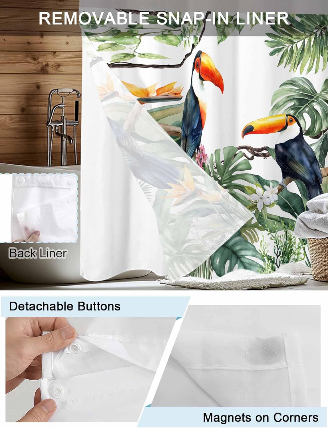 No Hook Shower Curtain with Snap in Liner Set Green Leaves Birds Shower Curtains for Bathroom Decor Summer Botanical Watercolor Waterproof Fabric Bath Curtain with See Through Top Window 66x72 Inch