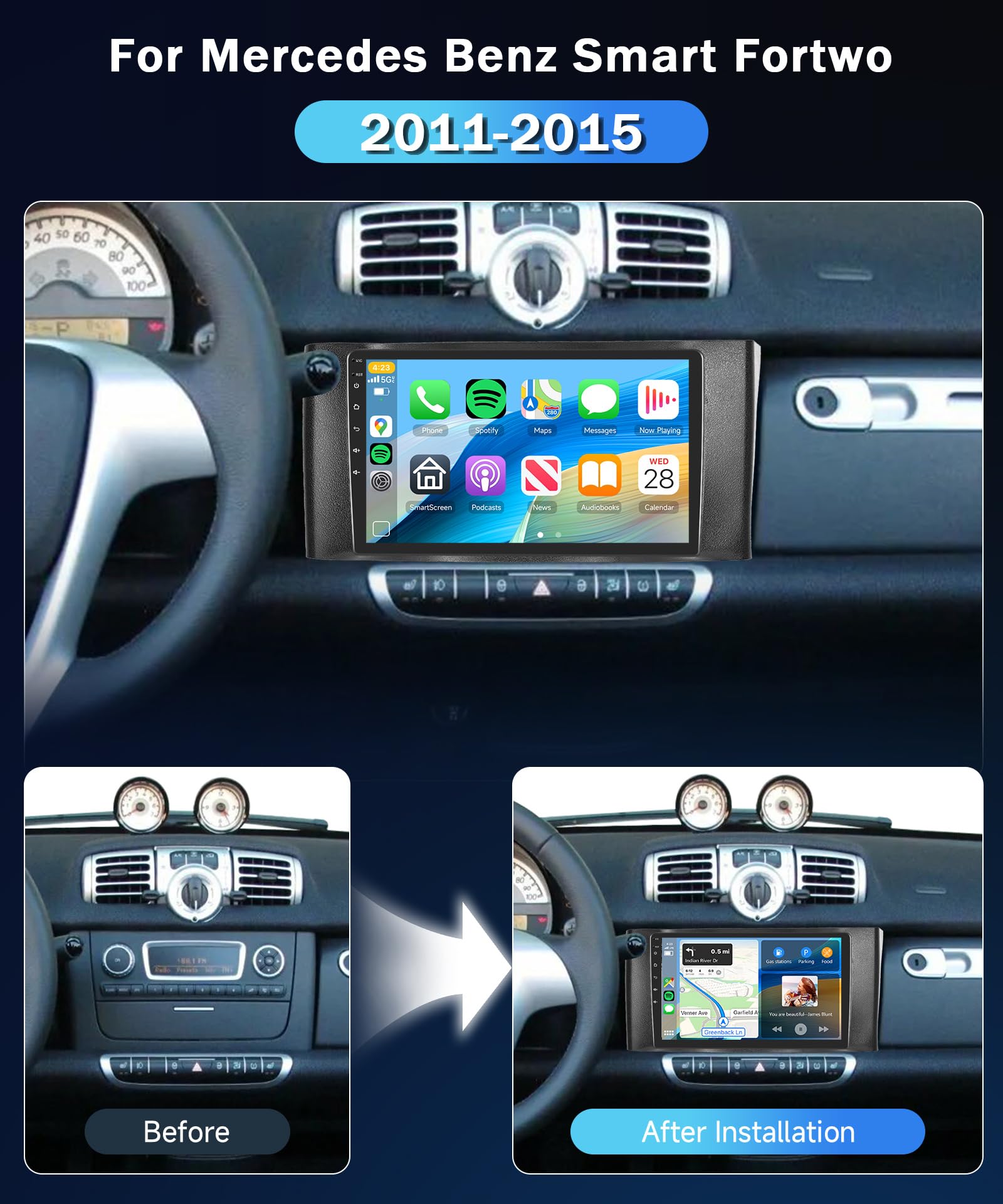 Autoradio Android 9 Pollici Per Smart 2014-2022 – 4+64GB, Wireless Carplay, GPS, Bluetooth, SWC E Telecamera