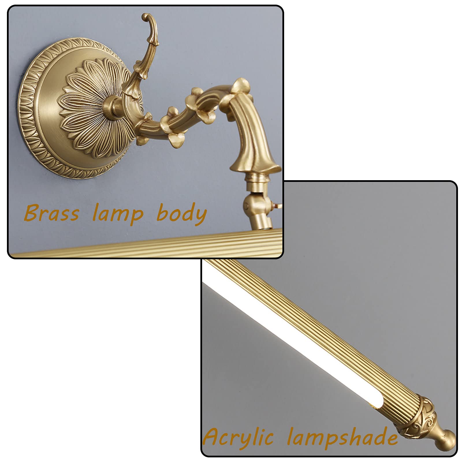 Lampa łazienkowa retro lustro LED z wtyczką i kablem, vintage mosiężna lampa łazienkowa z przełącznikiem Antyczna lampa ścienna łazienkowa IP44 regulowana lampa do makijażu toaletowego 3000K