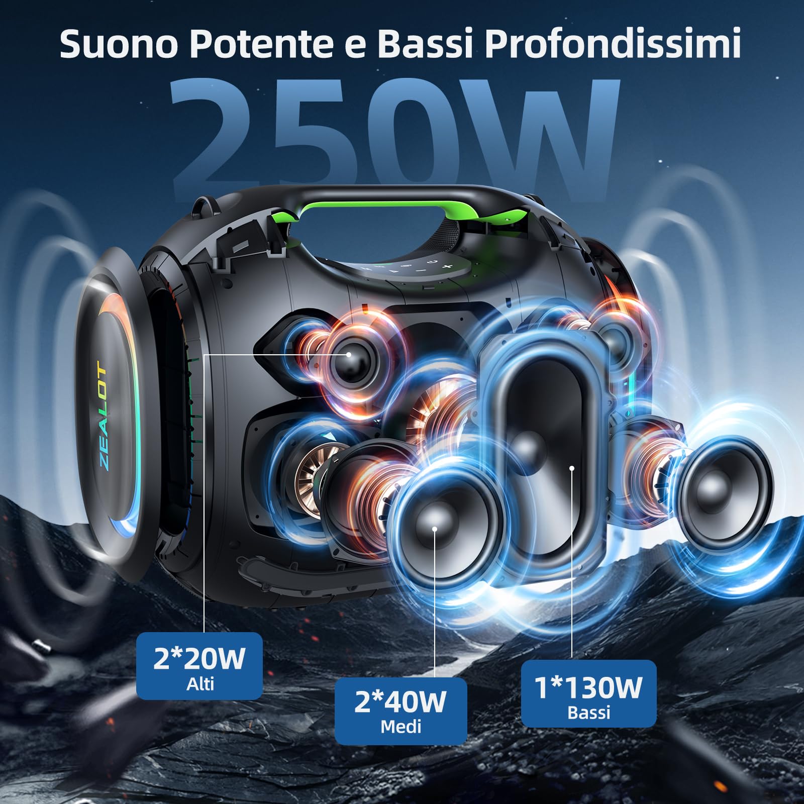 ZEALOT Cassa Bluetooth Portatile ZE21,Potenza di Picco di 300W,Bassi Potenti con Luci,Impermeabile IPX6,Ideale per Feste,Attività all’aperto e uso a bordo piscina