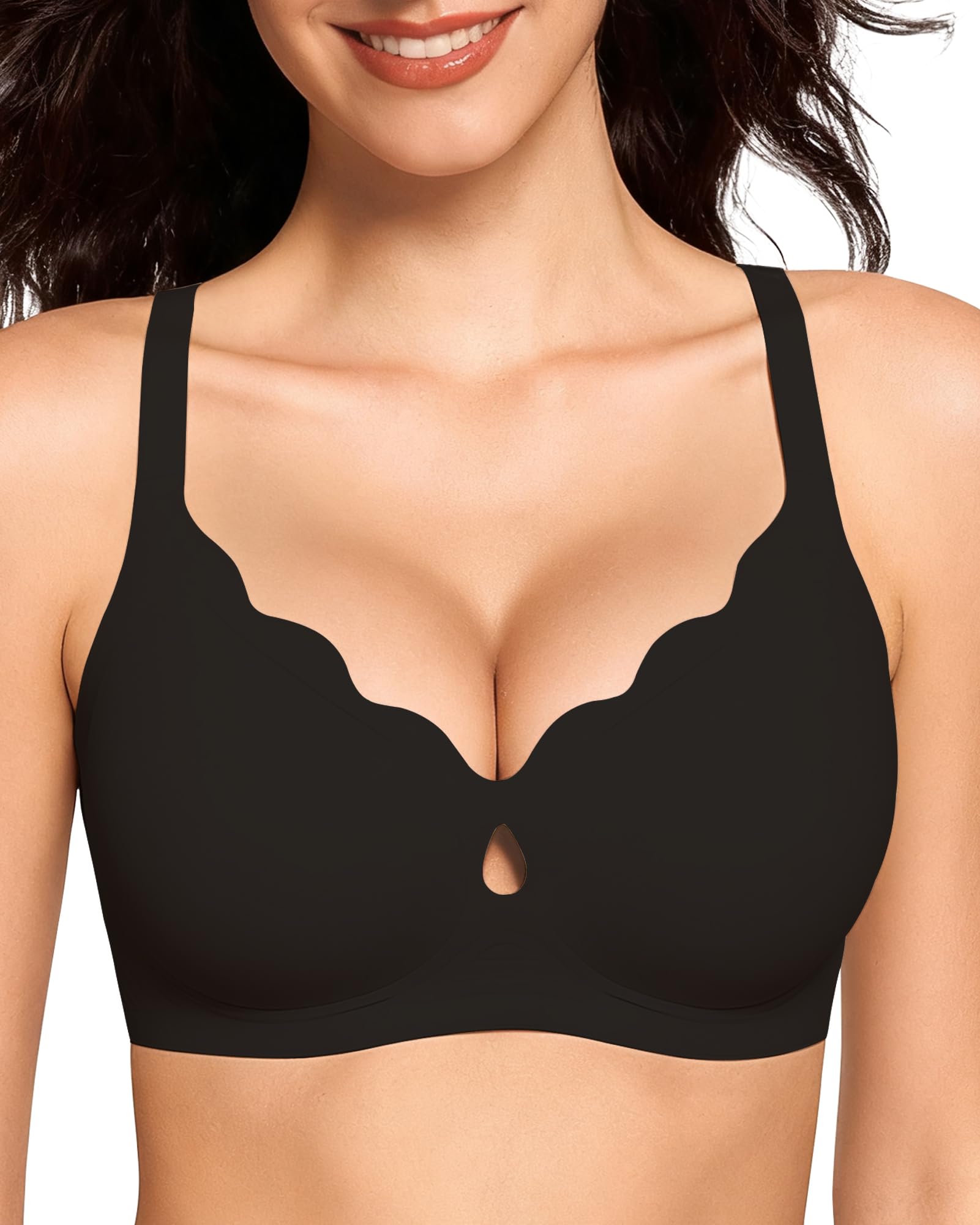 Vinfact Bequem BH Damen Ohne Bügel Nahtloser Große Brüste Starker Halt V-Ausschnitt Bügelloser Seamless T Shirt Schlaf BH Schwarz L