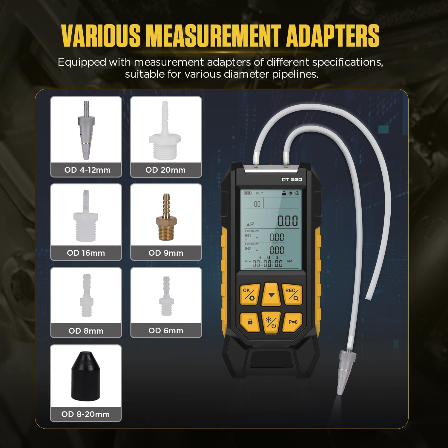 Manometer Gas Pressure Tester,Digital Manometer,Dual Port Air Pressure Meter,HVAC Gas Pressure Tester with 10 Selectable Units, Various Adapters, -100~200 Kpa,PT520