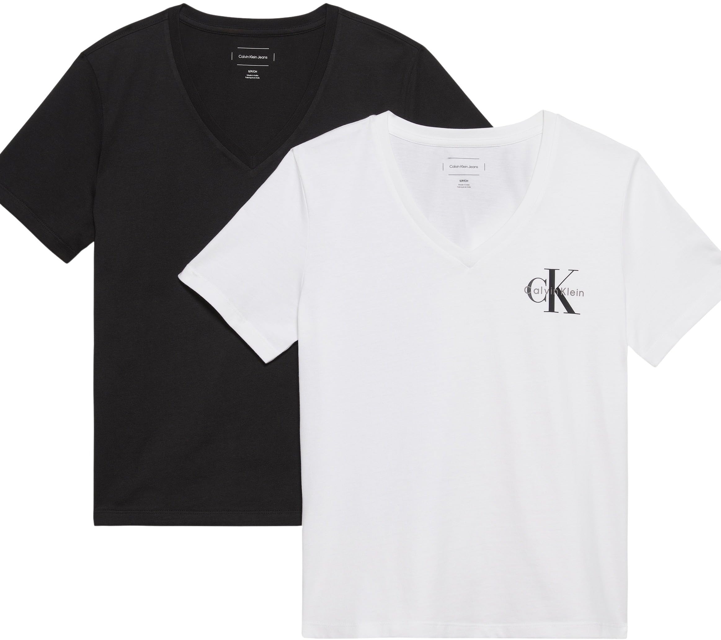 Calvin Klein Damen 2er Pack T-Shirts Kurzarm Logo Tee mit V-Ausschnitt