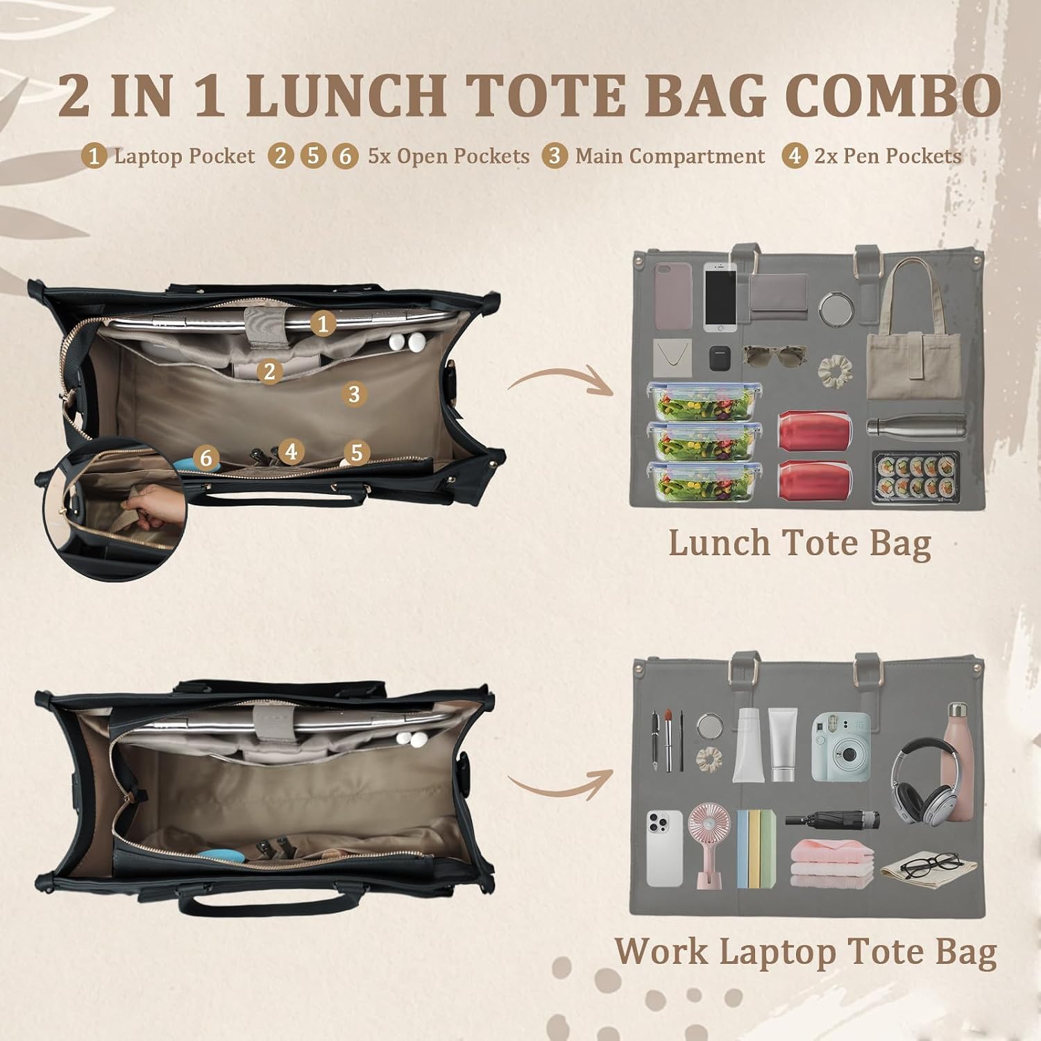 Omanmoli Lunch Tote Bag for Women Laptop Tote 16 Inch Insulated Lunch Compartment 2 in 1 Tote with Rear Access and Foldable Layer PU Leather Teacher Nurse Commute Travel College, Black