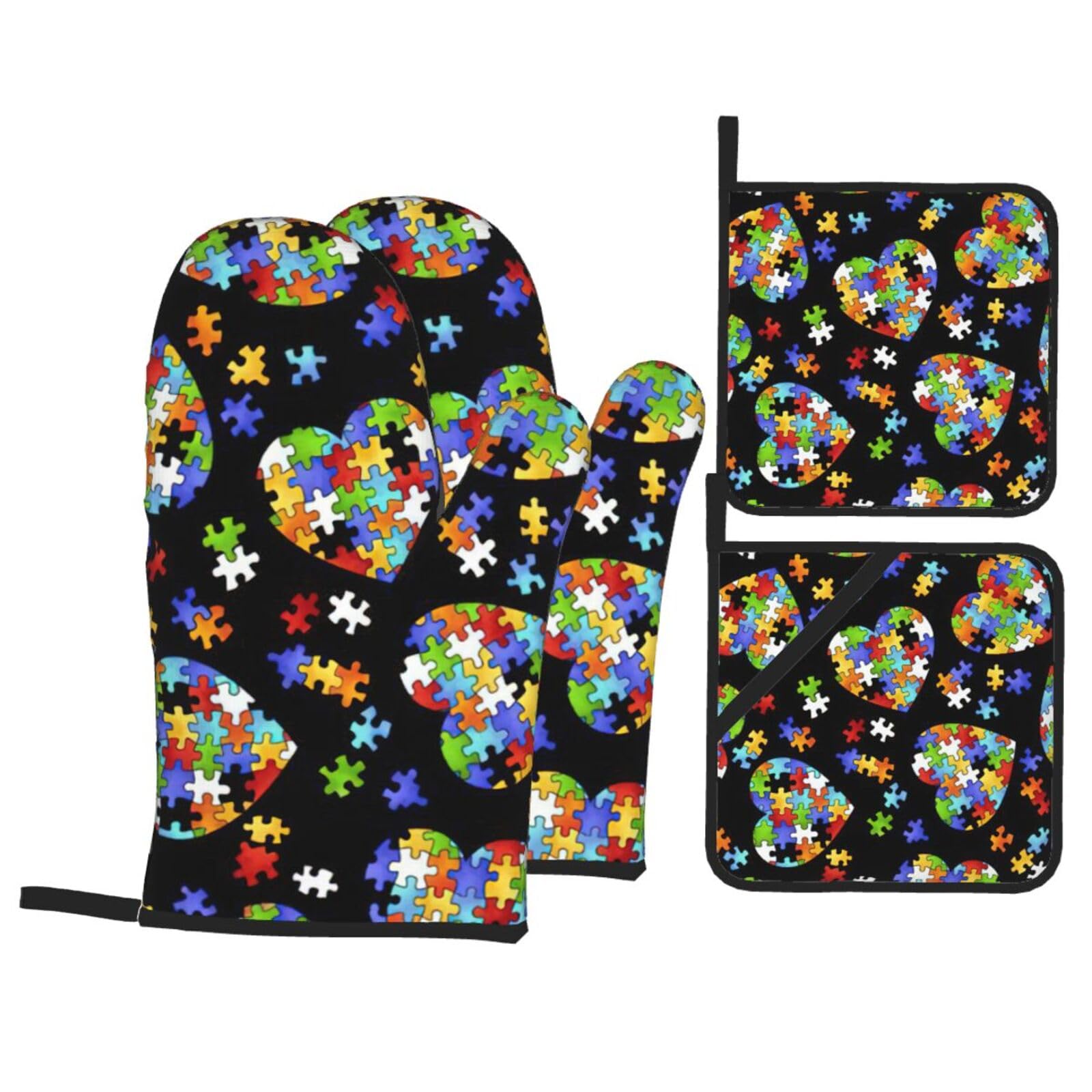 Autism Awareness Puzzle Pieces Heart Print 4-Piece Oven Microwaving Set Waterproof Kitchen Gloves for Baking Grilling Cooking