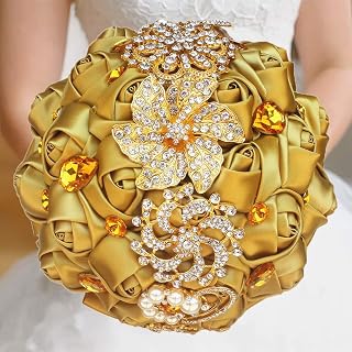 Gold Rhinestone Brooch Wedding Flowers Bridal Bouquets Golden Crystal Bride Holding Bouquet Bridesmaids Bouquet Satin Roses with Crystal Diamond Pearl Decor ( Dia:8.26inchH:10inch Gold Color W227Q)…