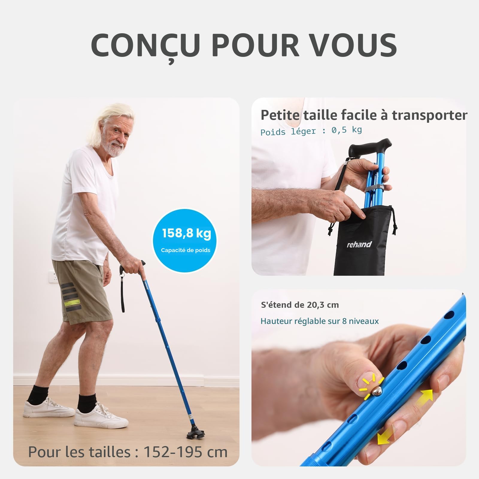 Rehand Canne de Marche pour Homme et Femme – Pliable, Réglable, Légère, Pivotante Autoportante, Poignée Douce, avec Sac de Voyage, Canne de Marche pour Personnes âgées et Adultes