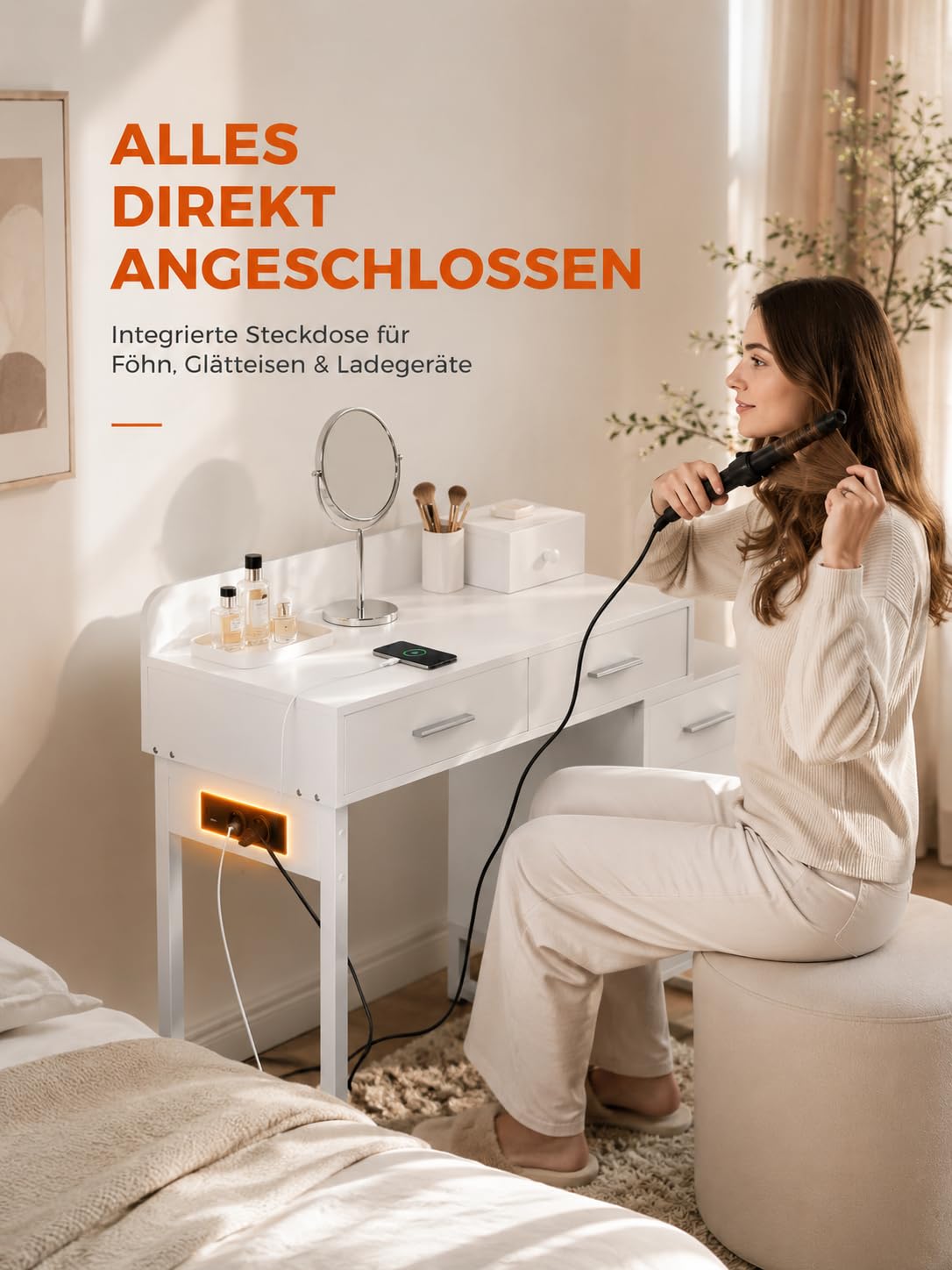 iSunirm Schminktisch ohne Spiegel, Kleiner Kosmetiktisch Weiß mit Steckdosen & 2 USB-Ports, Frisiertisch mit 4 Schubladen und reversiblem Seitenschrank, Vanity Desk/Schreibtisch für Schlafzimmer