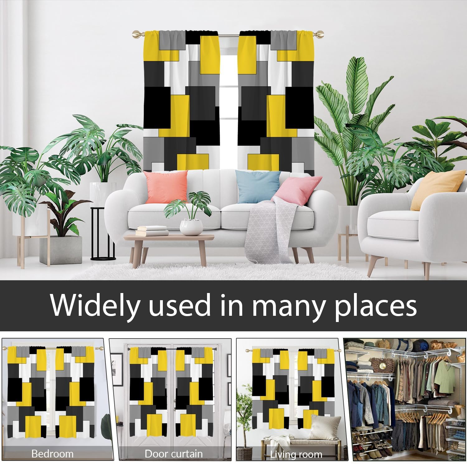AAtter Yellow Black and Grey Window Curtain Gray White Geometric Abstract Minimalist Mid Century Aesthetic Living Room Bedroom Window Drapes Treatment Fabric 1 Pair Home Decor, 42" W x 63" L, Modern