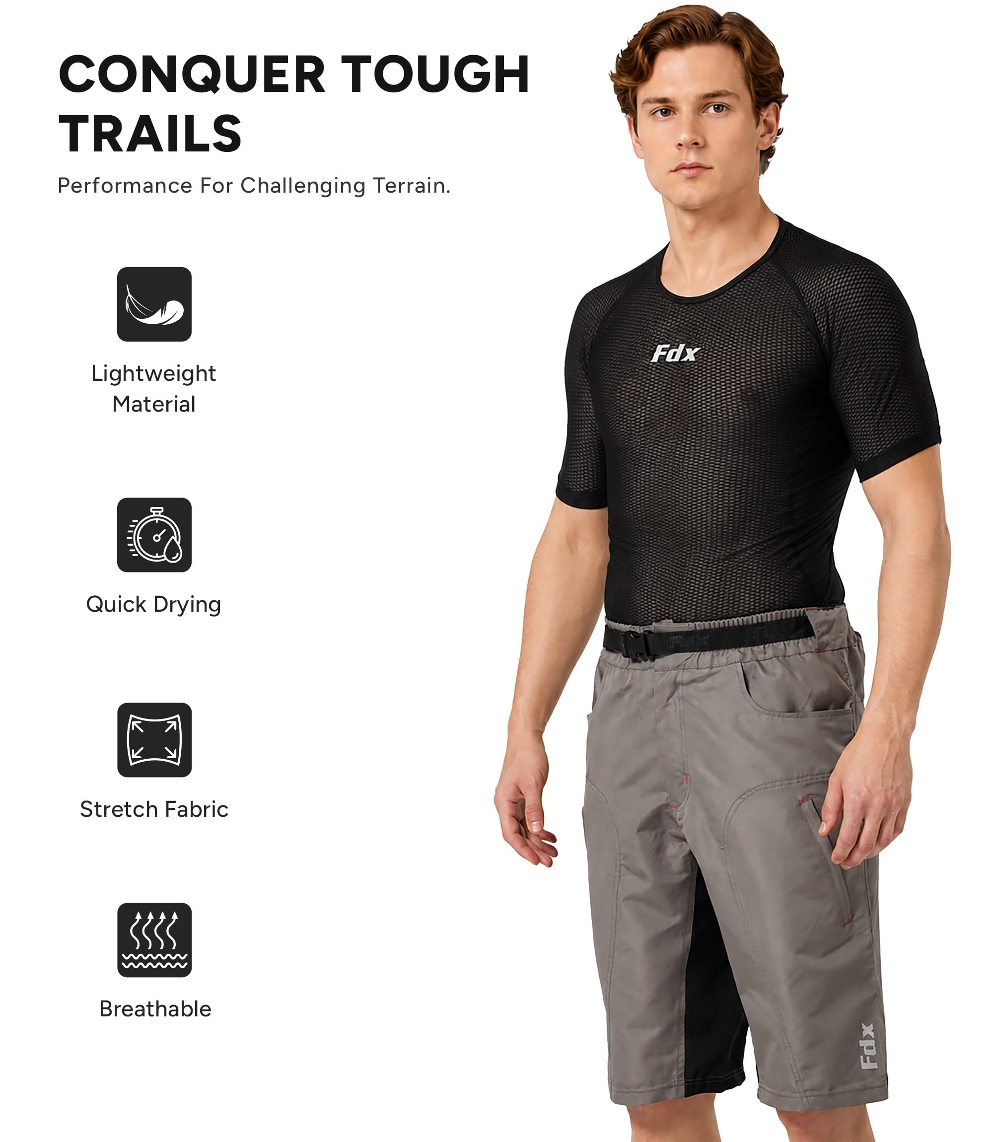 FDX Pantalones Cortos MTB Hombre, Ligeros, con Forro Acolchado extraíble, Transpirables, de Secado rápido y Bolsillos Cargo, Ideales para Entrenamiento Deportivo