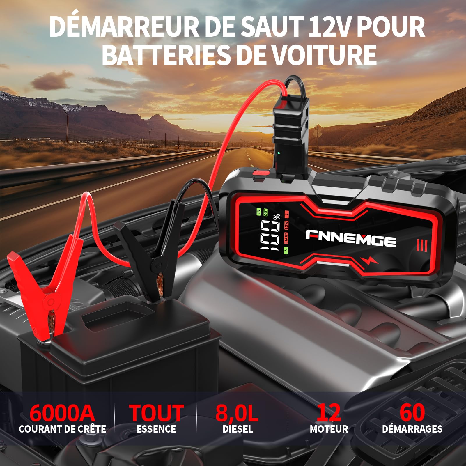 FNNEMGE Booster Batterie,6000A 22800mAh de Courant de Pointe, 12V Démarreur de jusqu'à Tout Le Essence et 8,0L Diesel, Jump Starter avec Port de Charge USB, lumière LED, HD Écran Large.
