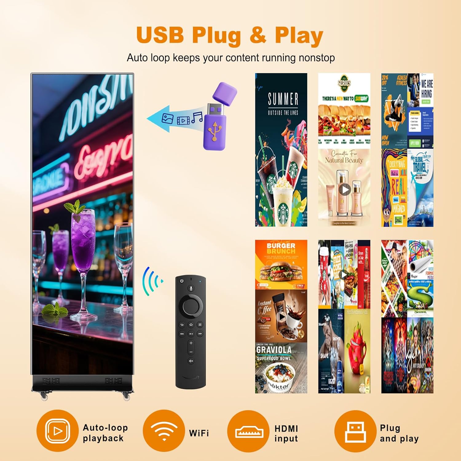 80 Inch LED Poster Display, P1.86 Pantalla LED, Frameless Splicing Digital Signage Display with USB Plug&Play, Remote Control Commercial Advertising Display for Events