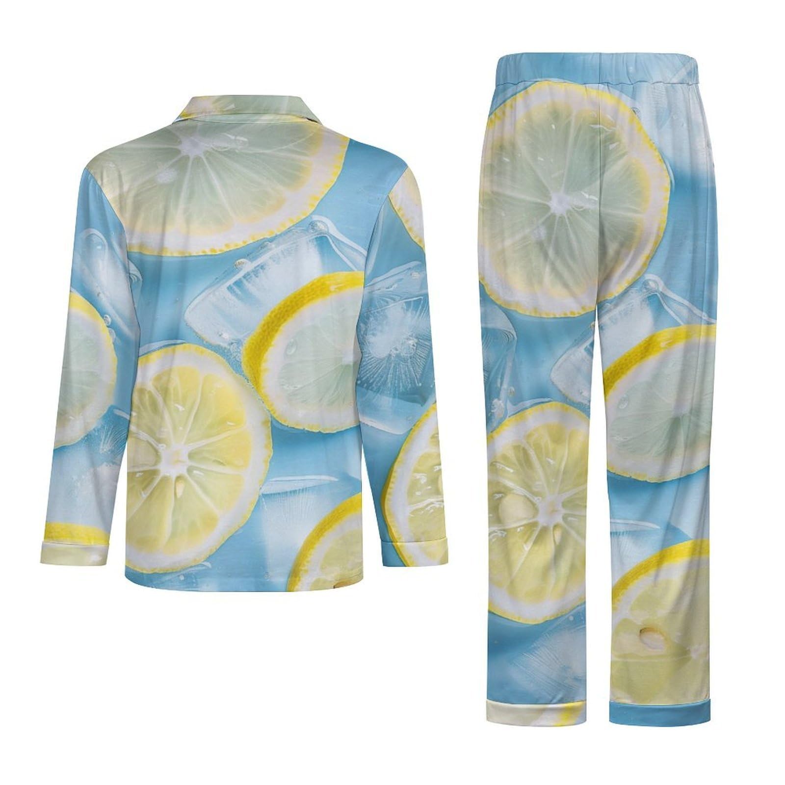 OLEETS Completo Pigiama da Uomo - Frutto di Limone Pigiama Invernale Casual Morbido da Notte Completo con Top E Pantaloni A Maniche Lunghe 2 Pezzi Pigiama Largo