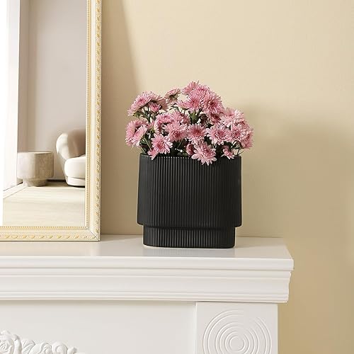 Miniatura 4 de YANWE1 Florero de cerámica negra, jarrón decorativo, jarrón bohemio, jarrón lunar, jarrón acanalado, jarrón rectangular, jarrón de hierba de las