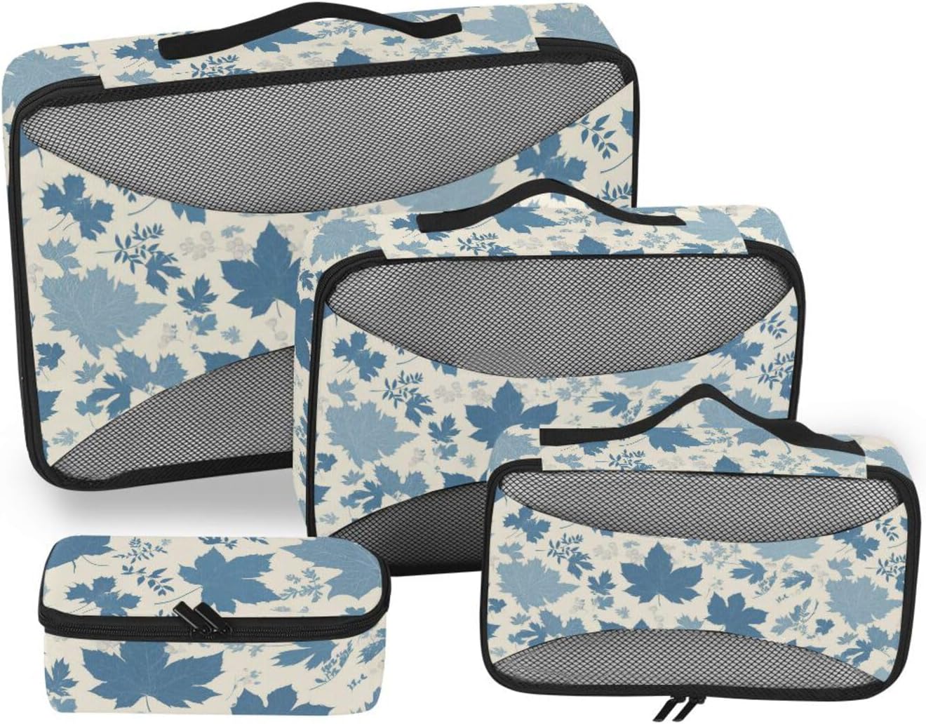 Blue Elegant Romantic Maple Leaf 4 Pcs set travel organizer bags Mesh Travel Essentials expandable packing cubes for carry