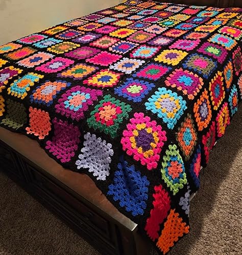 Handmade Crochet Granny Square Blanket, Multicolor Diamond