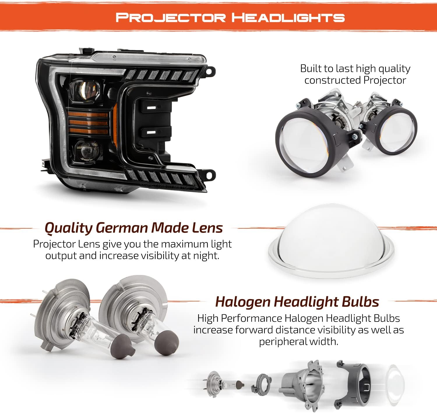 AKKON - Fits 2018-2020 Ford F150 Pickup [Full LED] Projector Black Headlight Pair w/Sequential Signal Amber Parking Lamp