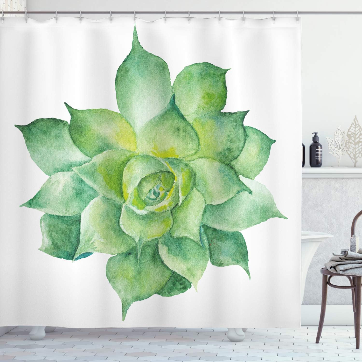 Ambesonne Succulent Shower Curtain, Green Tropical Plant Hand Painted Agave Botanical Gardening Theme Image, Cloth Fabric Bathroom Decor Set with Hooks, 69" W x 70" L, Almond Green Yellow
