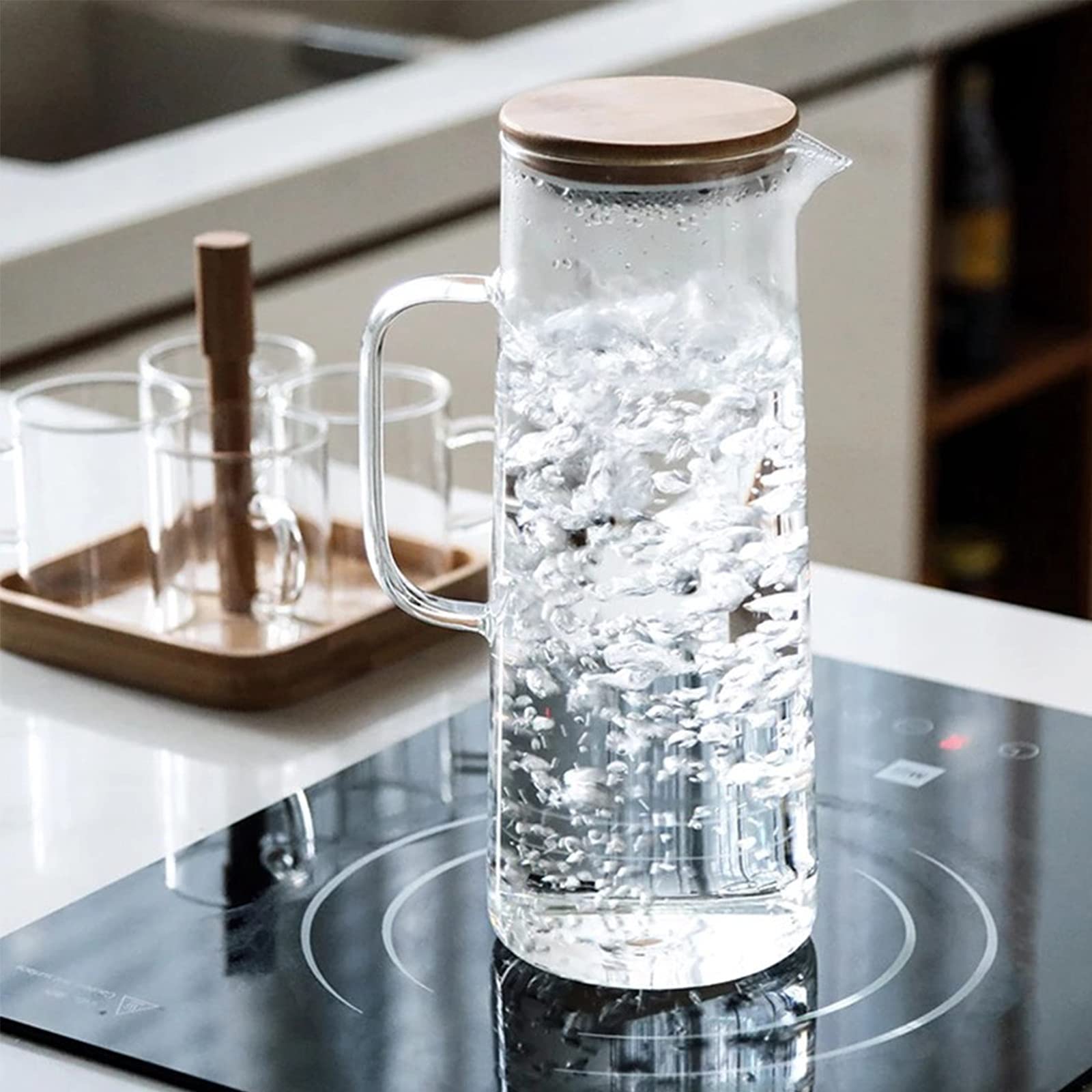 Jarra de Agua Transparente para Nevera, Jarra de Vidrio Grueso con Tapa de bambú, Ideal para Zumo, café, Limonada y té Helado.