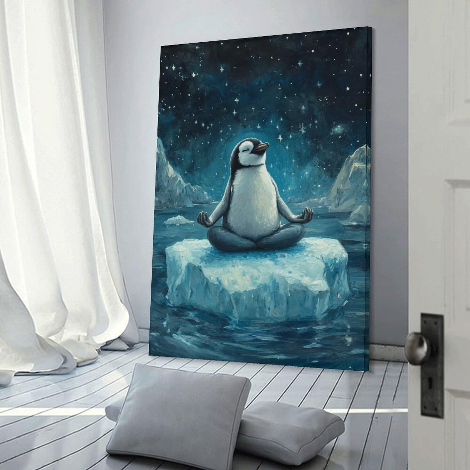 Junmoney Meditating Penguin Canvas Art Print, 16x24inch(40x60cm), for Living Room, Bedroom, Office Or Hallway, Decorative Artwork with Broad Appeal