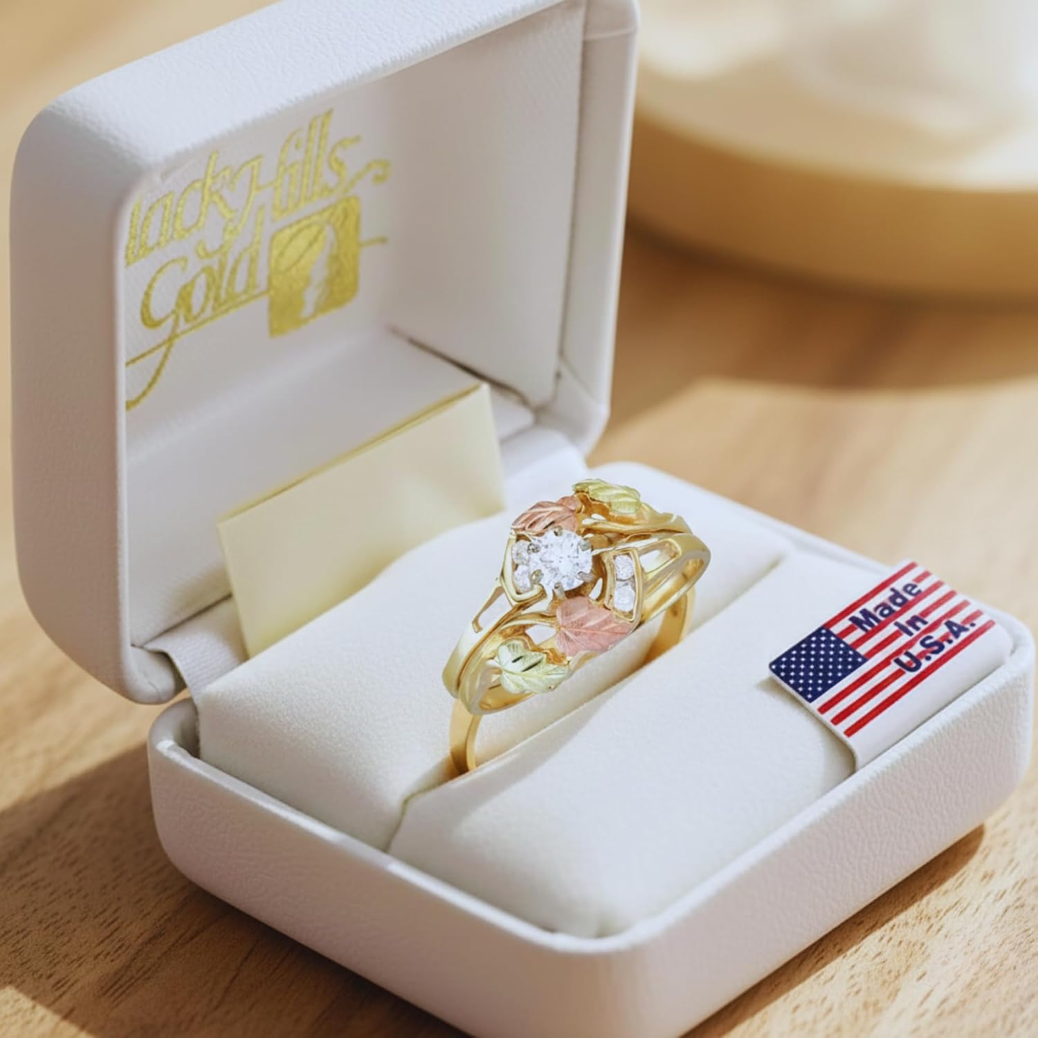 Diamonds and Vines Ring, 10k Yellow Gold with 12k Green & Rose Black Hills Gold Accents, .33 Ctw Diamond Ring, Nature-Inspired Women's Fine Jewelry