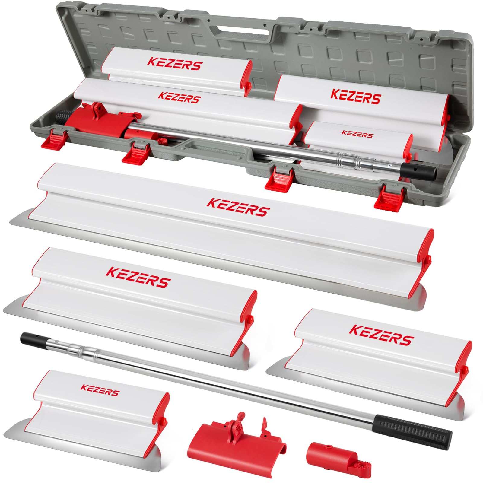 KEZERS Flächenspachtel Set, 20 cm, 30 cm, 40 cm & 80 cm Edelstahlklinge Spachtel Werkzeug mit Teleskopstange und Adapter, Spachtel Set mit Koffer für große Arbeitsbereich Wand Dekoration Bau