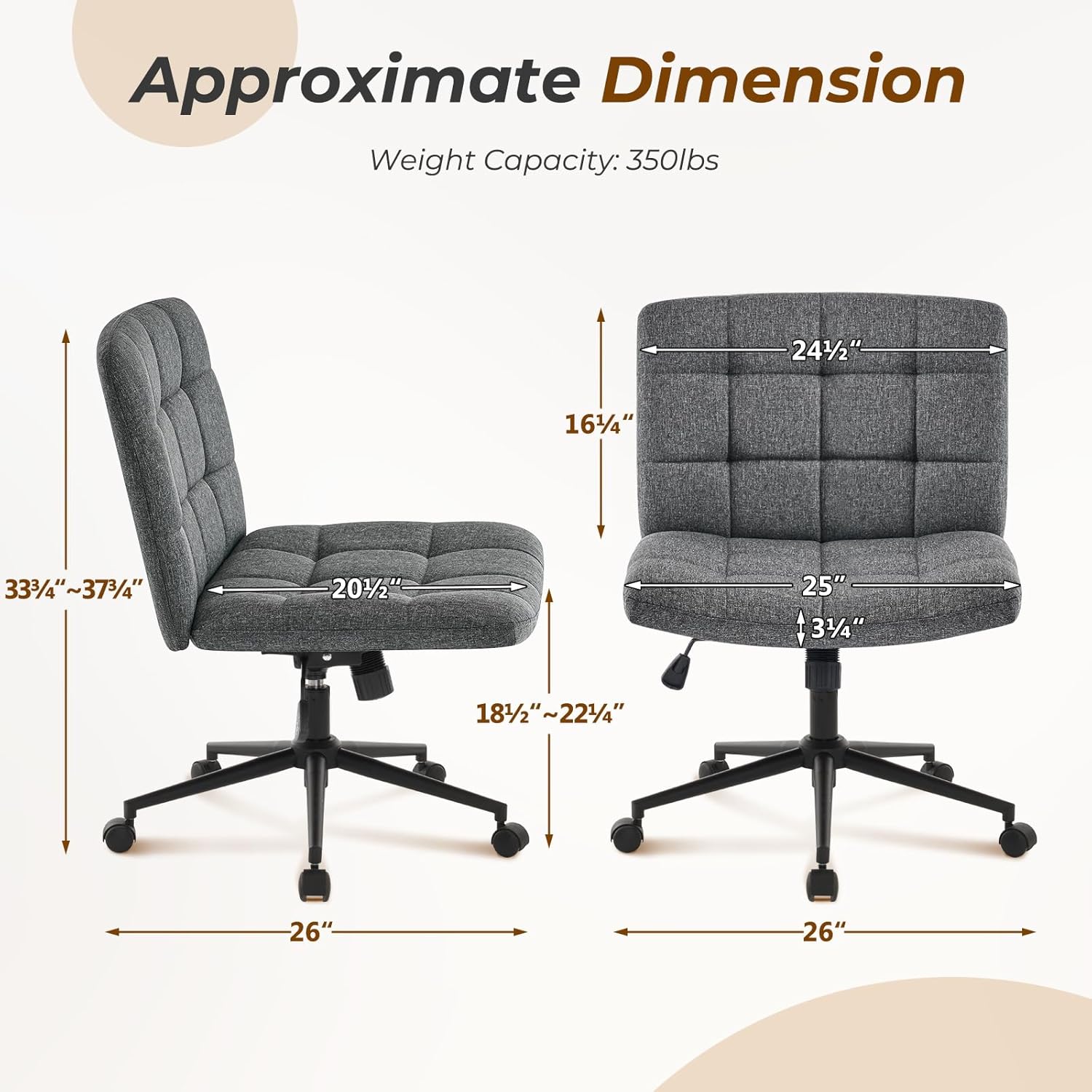 Furnimart Criss Cross Desk Char Wide Seat with Wheels, 360° Swivel Cross Legged Desk Chair Thick Cushion, Comfy Armless Home Office Chair for Bedroom, Vanity, Sturdy (Linen Gray)