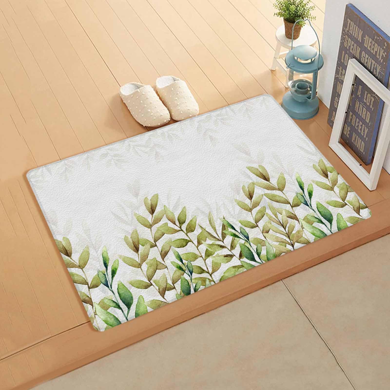 Yellow Green Leaves Kitchen Bath Door Mat Cushioned Runner Rug,Washable Welcome Floor Sink Antifatigue Mat,Waterproof & Non-Slip Comfort Standing Doormat,Watercolor Botanical Modern White 24