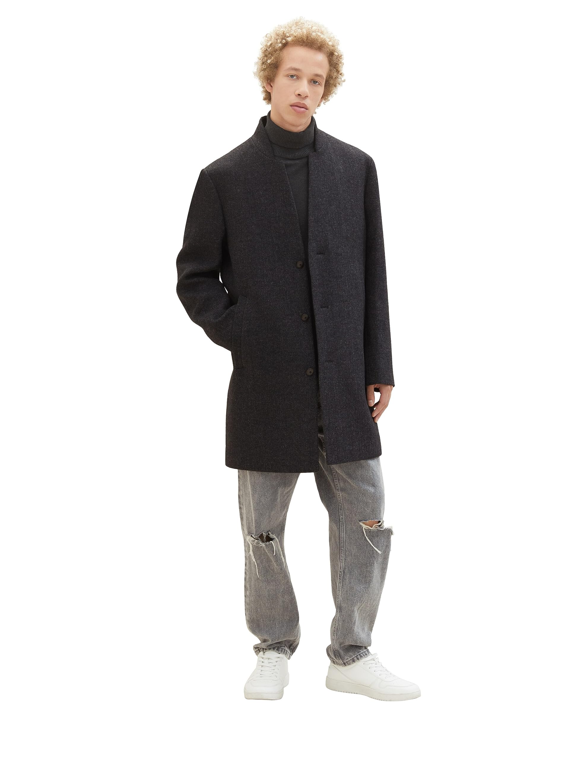TOM TAILOR Denim Herren 3-Knopf Wollmantel mit Stehkragen