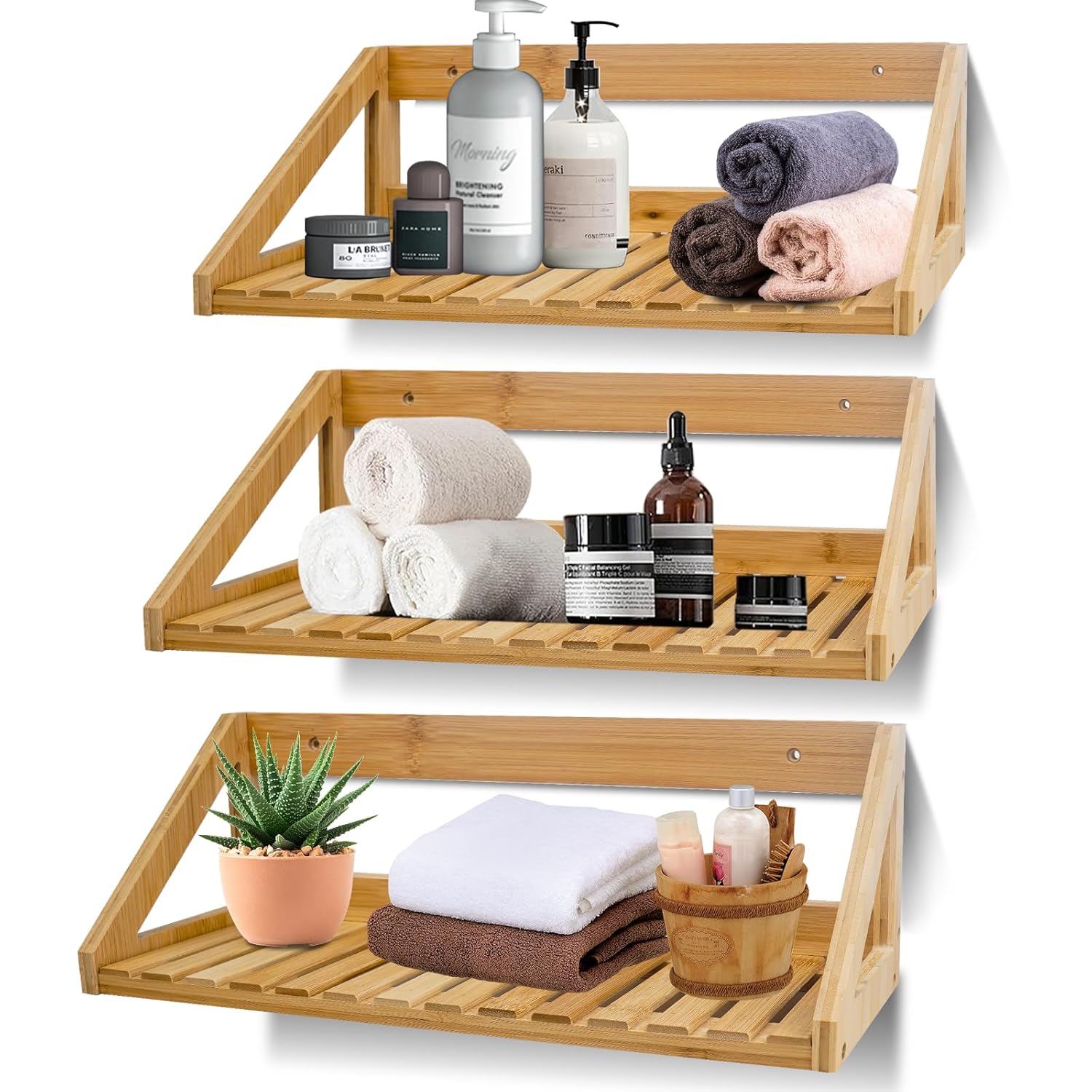 Floating Shelves Wall Mounted, 3 Pcs Solid Bamboo Wall Hanging Rack Holder, Wall Storage Shelves for Bedroom, Living Room, Bathroom, Kitchen, Office Decor