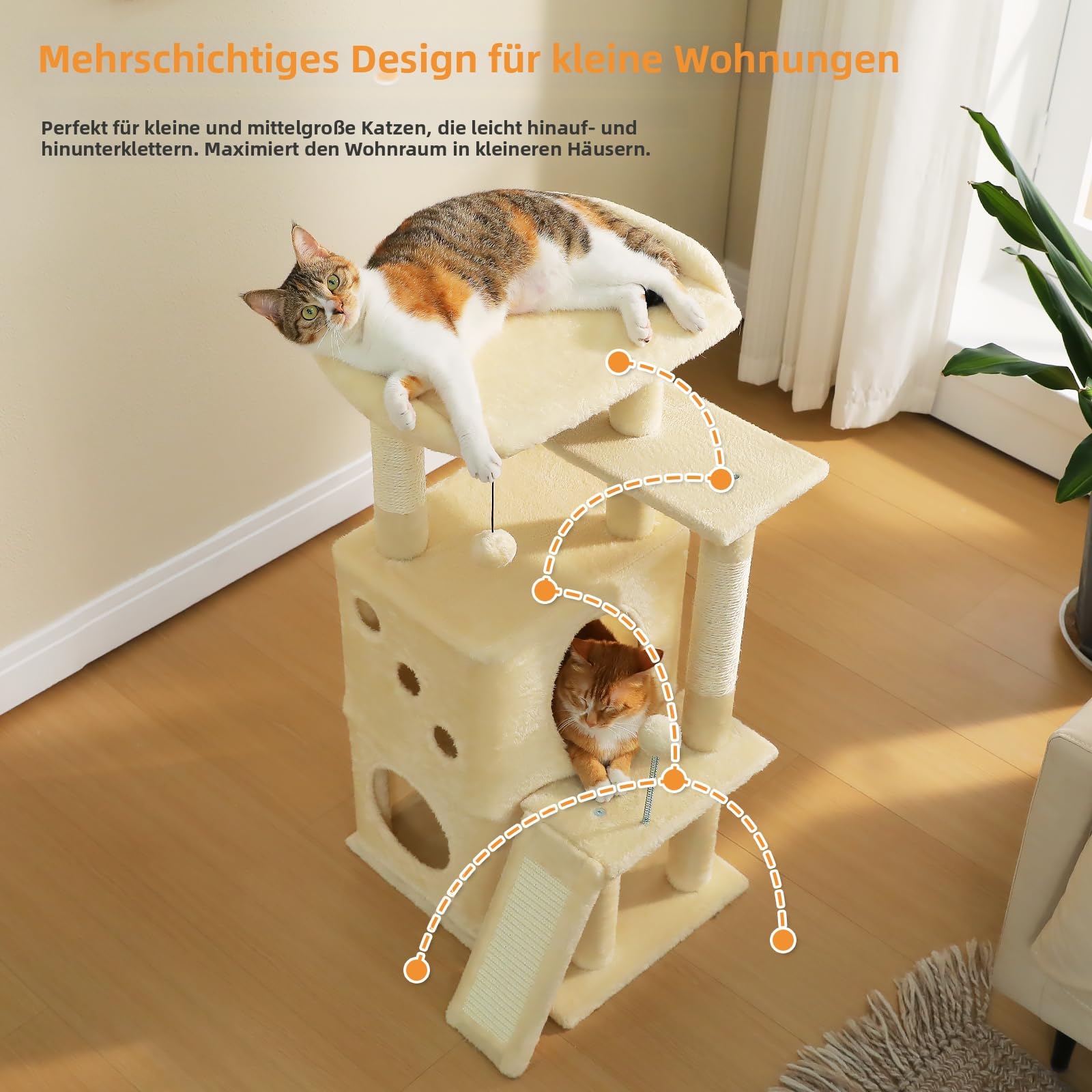 PETEPELA Tiragraffi per gatti da appartamento, 88 cm, con ampia superficie superiore, cuccia privata e colonna tiragraffi in sisal, tappetino tiragraffi per gatti da appartamento, beige