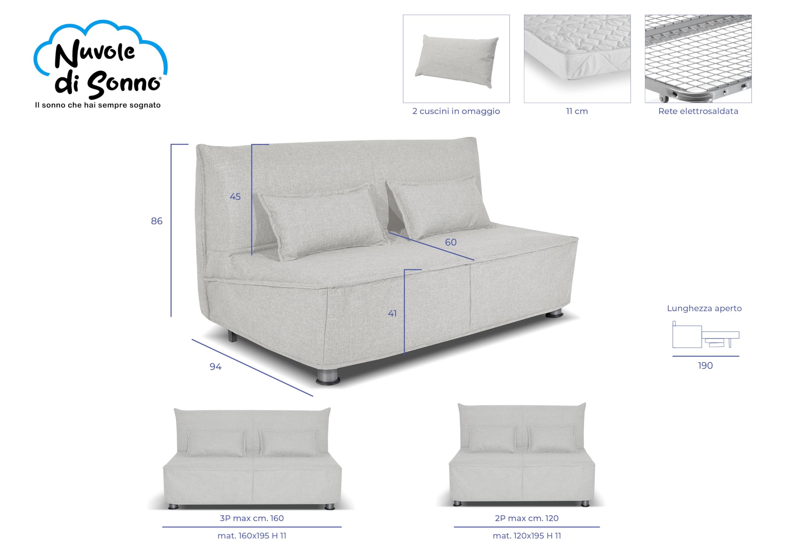 Nuvole di Sonno - Divano Letto Levante 3 Posti con Materasso Matrimoniale 160x190, Prontoletto con Rete Elettrosaldata Richiudibile, Rivestimento Sfoderabile, 2 Cuscini in Omaggio, Made in Italy