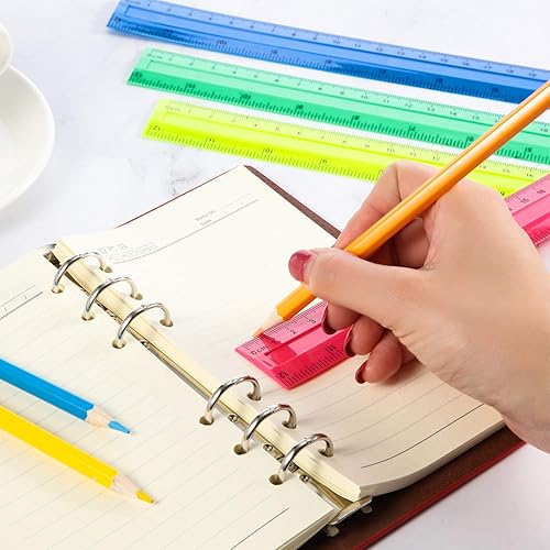 Miniatura 5 de Paquete de 4 reglas rectas de plástico para medir reglas de plástico para estudiantes, escuela, oficina (12 pulgadas, colorido)