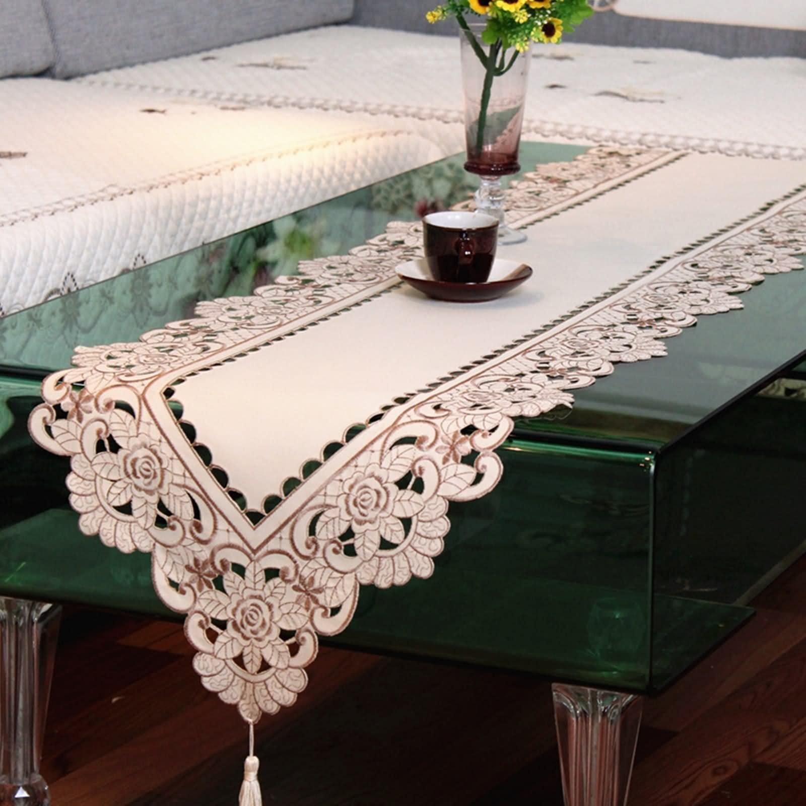 Camino de Mesa Papel, Centros Decorativos de Mesa Navidad Flor de Bordado Beige Poliéster 40x150CM